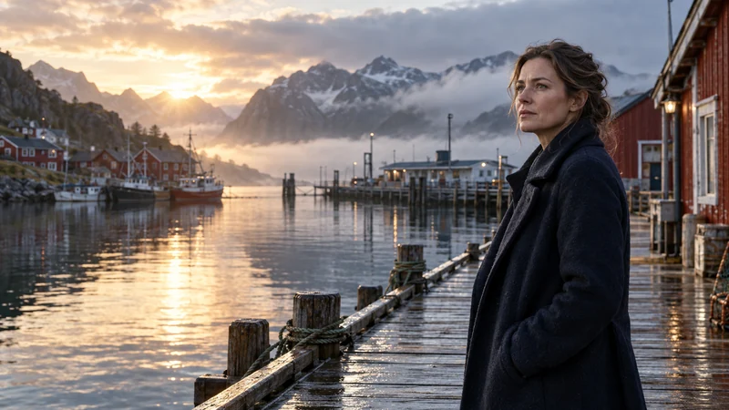 En kvinne i mørk ullkåpe står på en brygge ved en norsk havn i morgenlys.