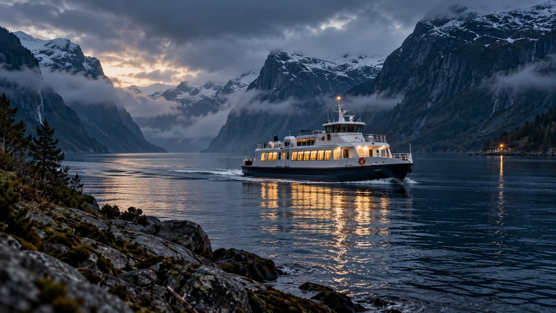 En opplyst passasjerferge krysser en mørk fjord i skumringen.