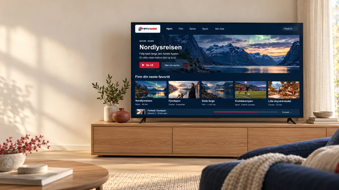IPTV Norge på en smart-TV i en lys norsk stue med eikebenk og ullpledd.