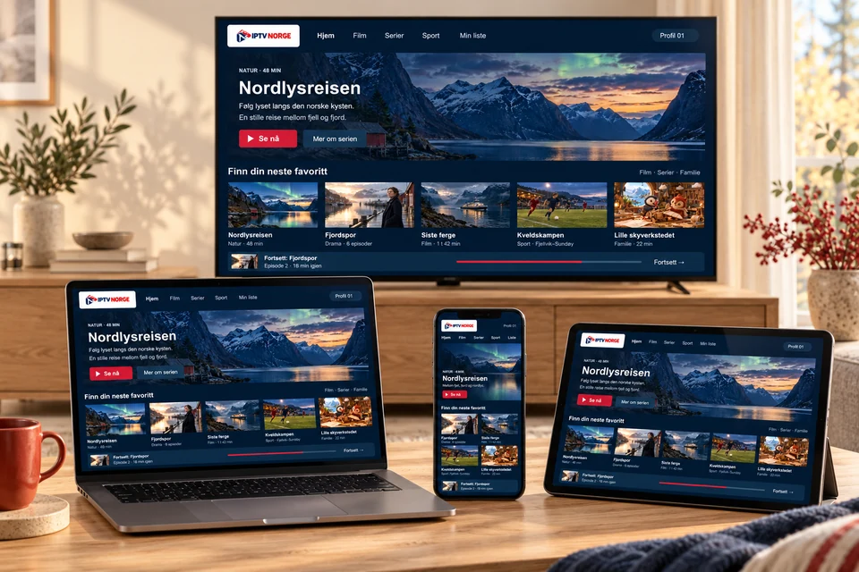 Samme strømmegrensesnitt vist på TV, bærbar PC, mobil og nettbrett på en eikebenk.