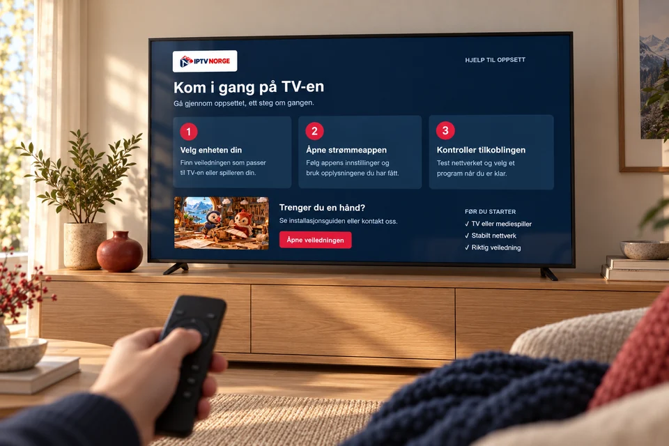 Hånd med fjernkontroll foran en TV som viser en installasjonsguide i tre steg.