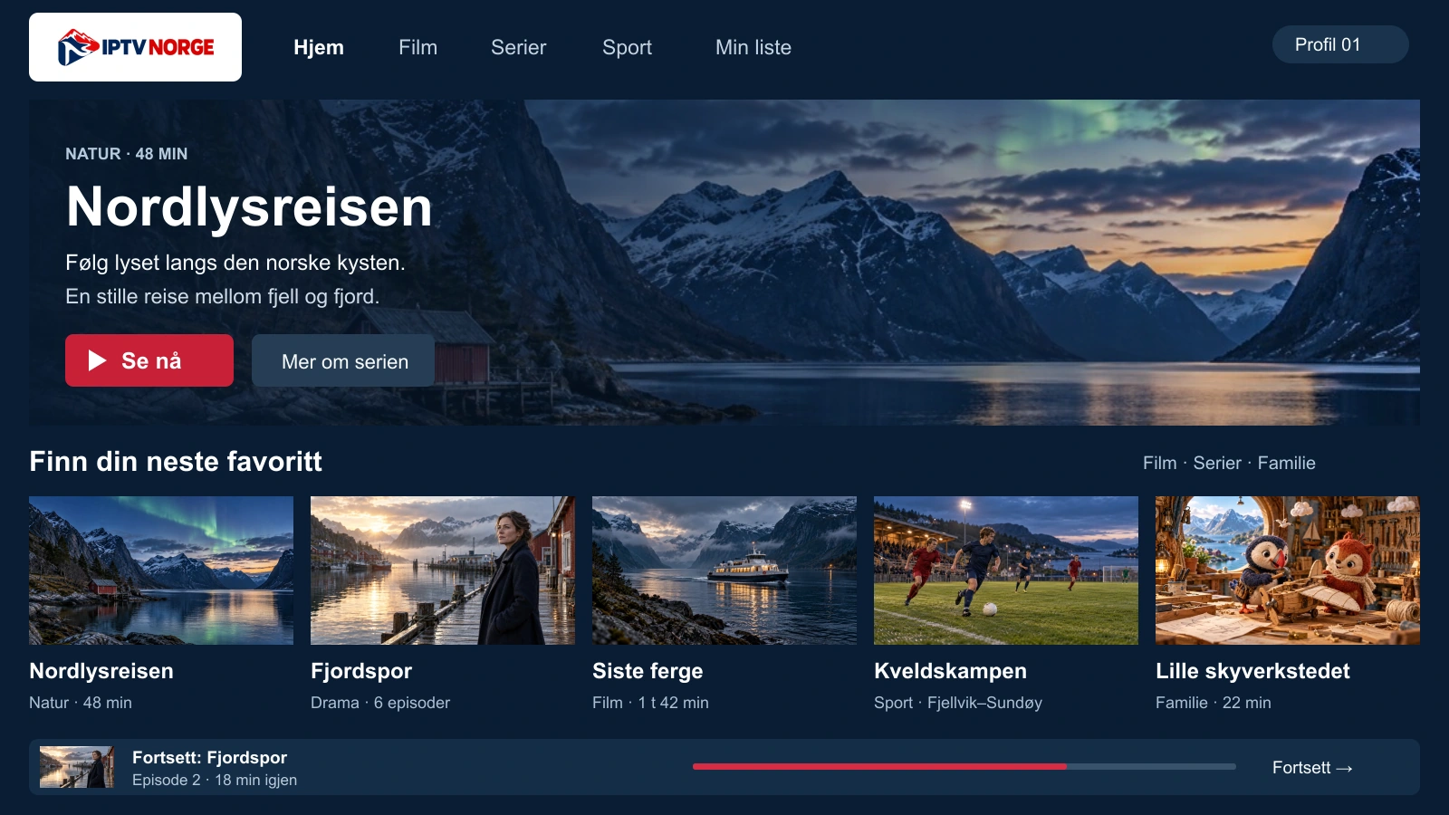 Fiktivt strømmegrensesnitt med programrader for natur, drama, film, sport og familie.